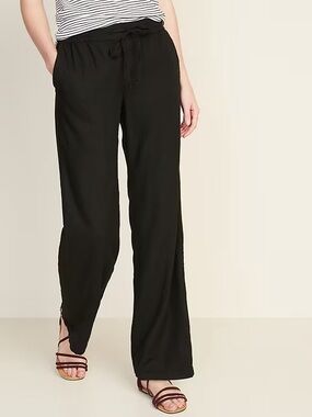Old Navy Black Linen Blend Wide Leg Pull On Pants Small Mid Rise Elastic Waist